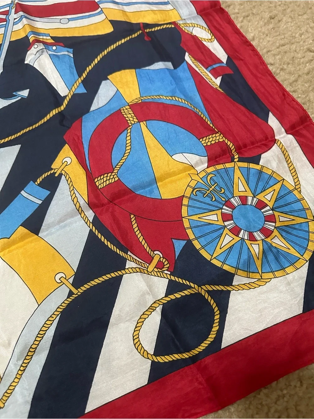 Silk-Feel Nautical Print Scarf in Red, Blue & Yellow